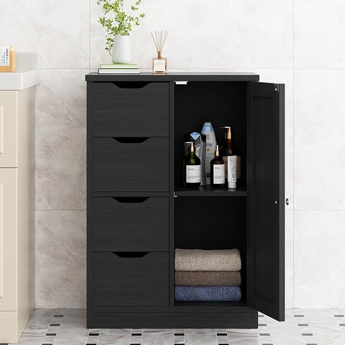 Walsunny Bathroom Floor Storage Cabinet, Wooden Storage Organizer with 4 Drawers and 1 Cupboard, Freestanding Entryway Storage Unit Console Table(Black)