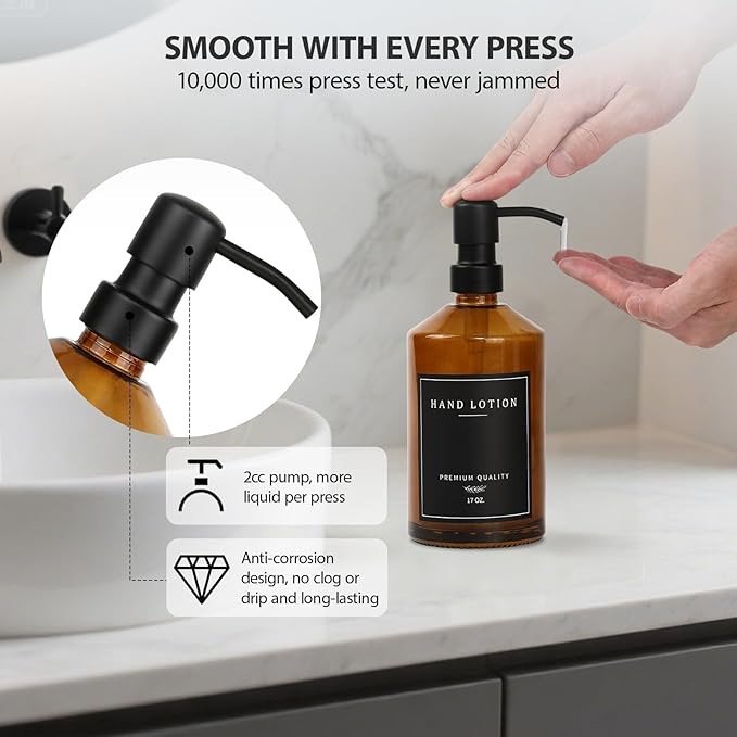 Amber Glass Soap Dispenser, Bathroom Hand Soap Dispensers with Stainless Pump, 17 Oz Kitchen Hand and Dish Soap Dispenser Set, Modern Liquid Soap Lotion Dispenser (Amber Bottle/Black Pump)