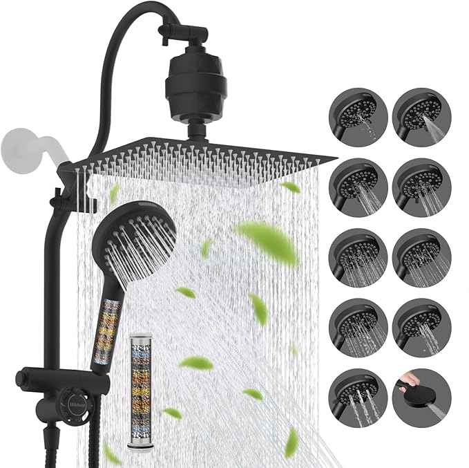 Hibbent Dual Filter All Metal 12" Rainfall Showerhead Combo, High Pressure Filter Shower Head with 10-Spray Mode Handheld, 4-way Diverter with Pause Mode, 71'' Shower Hose and Holder, Matte Black