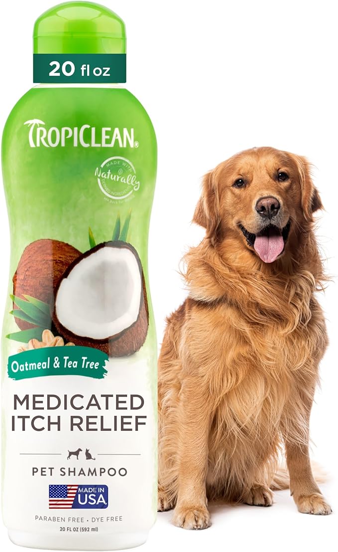 TropiClean Oatmeal Dog Shampoo for Itchy Skin Relief, Soothing Medicated Itch Relief, with Vitamin E, Puppy Safe, Made in USA, Cat Friendly, 20 oz.
