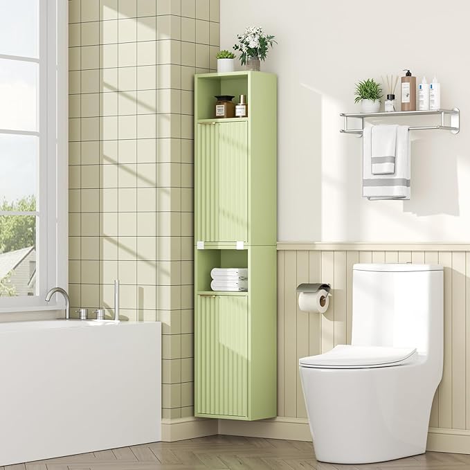 59.1" Tall Slim Bathroom Storage Cabinet Green | Freestanding or Wall Mounted Modular Cabinet, Fluted Panel Linen Tower with Adjustable Shelves for Small Spaces
