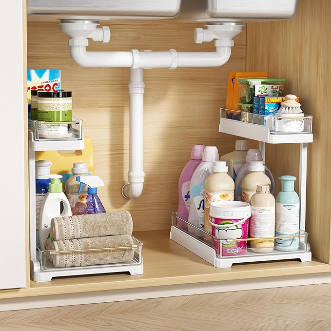 heart & home 1-Pack Under Sink Storage Organizer for Kitchen & Bathroom Cabinets with Removable Washable Tray, Tool-Free Assembly – Multi-Purpose for Kitchen Countertop, Vanity, & Laundry Room，White