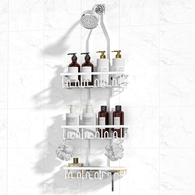 Shower Caddy,Rustproof Shower Shelves Over Shower Head,Extended Length shower rack with Soap HoSlder,White