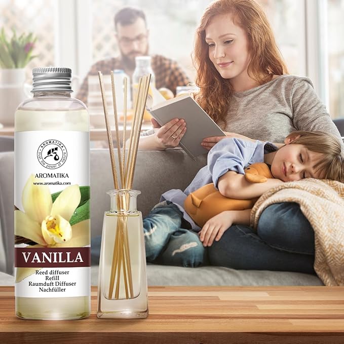 Vanilla Diffuser Refill w/Natural Essential Vanilla Oil 6.8 Fl Oz - Intensive - Fresh & Long Lasting Fragrance - Reed Diffuser Oil Refill Vanilla - for Aromatherapy - SPA - Home - Office - Fitness
