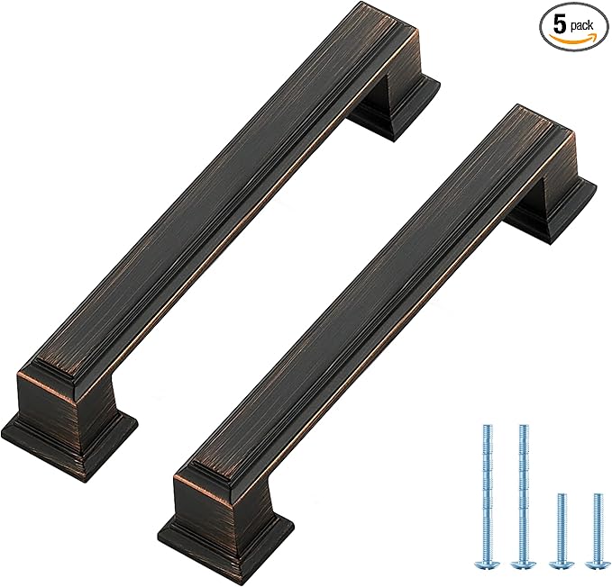 Ravinte Hardware 5 Pack Oil Rubbed Bronze Cabinet Pulls, 3-3/4 Inch (96mm) Hole Center Zinc Alloy Drawer Handles for Kitchen Cabinets, Cupboards, Dressers, Square Solid Metal Hardware