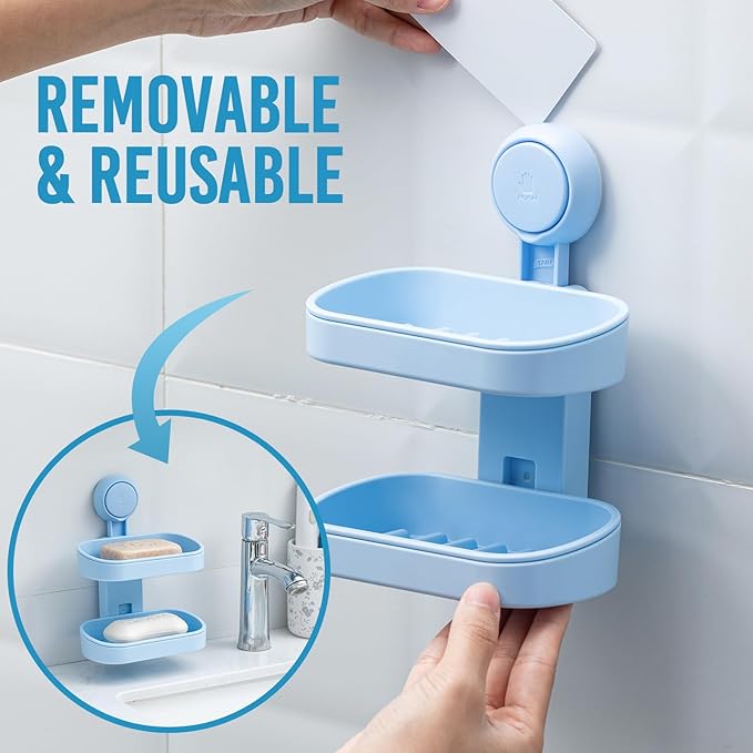 TAILI Double Layer Soap Dish Holder Suction Cup, Strong Sponge Holder for Shower, No Tools Soap Saver for Bathroom, Tub and Kitchen Sink, Shower Accessories, Drill-Free, Removable, Blue