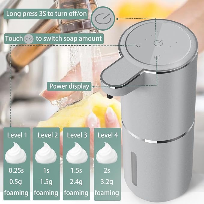 Automatic Soap Dispenser – Touchless Foaming Soap Dispenser 400ml USB Rechargeable Dispenser Electric Wall Mounted 4levels Adjustable Foam Soap Dispenser Pump for Bathroom Kitchen(Silver)