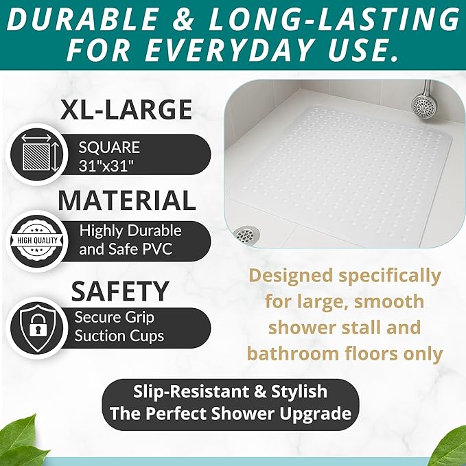 ENKOSI Extra Large Square Non Slip Shower Mat - 31 x 31-inch XL Bathroom Shower Mat - Square Shower Matts for Shower Stall Floors | Secure Suction Cups and Drain Holes (31x31 Clear)