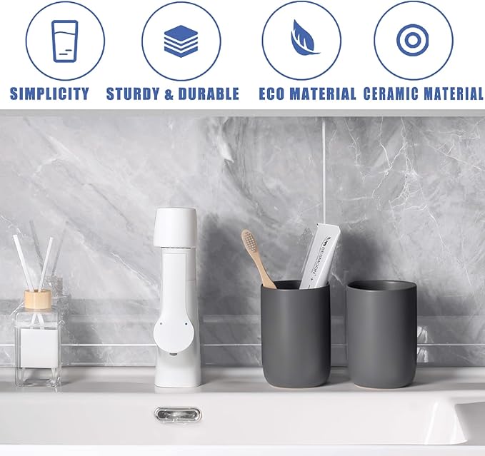 Toothbrush Holders for Bathrooms - 1 Cups Ceramic Toothbrush Toothpaste Holders, Grey Bathroom Tumbler Cups Reusable Toothbrush Mouthwash Cup, Bathroom Counter Organizer.