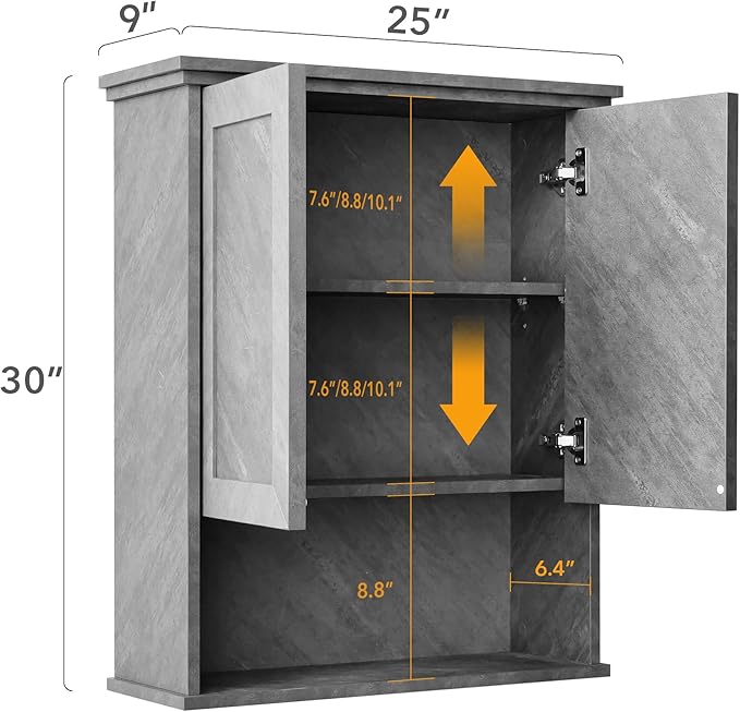 Bathroom Wall Cabinet Over Toilet Storage Cabinets 25x30 in Above Toilet Wood Medicine Cabinets for Bathroom Wall Mounted Cabinet with 2 Door & Adjustable Shelf Texture Grey