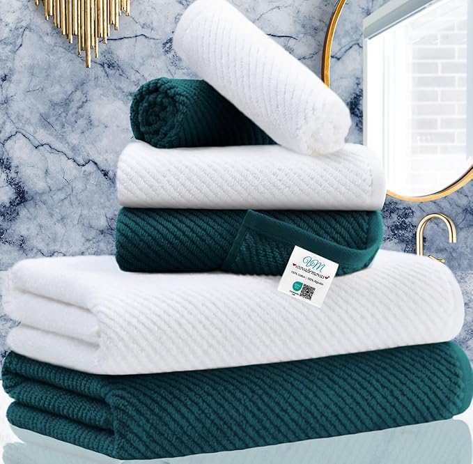 Towels for Bathroom - 100% Cotton | Quick Dry | Lightweight | Thick | Soft, 6 Piece Towel Set, 2 Large Bath 30"x56", 2 Hand 18"x28", 2 Wash Cloths 13"x13", Bathroom Decor Set, Deep Turquoise and White