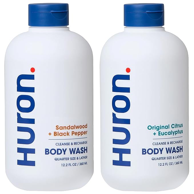 Huron Body Wash Scent Duo - Citrus + Eucalyptus & Sandalwood + Black Pepper Scents - Men’s Body Wash - Made With Coconut Oil, Vitamin E & Witch Hazel - Vegan, Cruelty-Free - 2 Pack, 12.2 fl oz