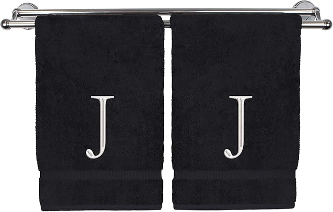 Monogrammed Hand Towel, Personalized Initial Gift, Extra Absorbent 100% Turkish Cotton - Soft Terry Finish - Set of 2 - White Block Initial J - Embroidered on Black Towels