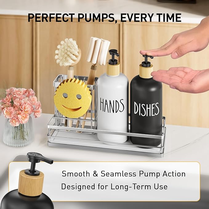 Moforoco Kitchen Dish Soap Dispenser Set, 16OZ Glass Bottle, Hand and Dish Soap Dispenser Set, Instant Dry Tray, Non-Slip Silicone Pad, Brush Holder with Smiley Face Sponge Holder, Kitchen Decor