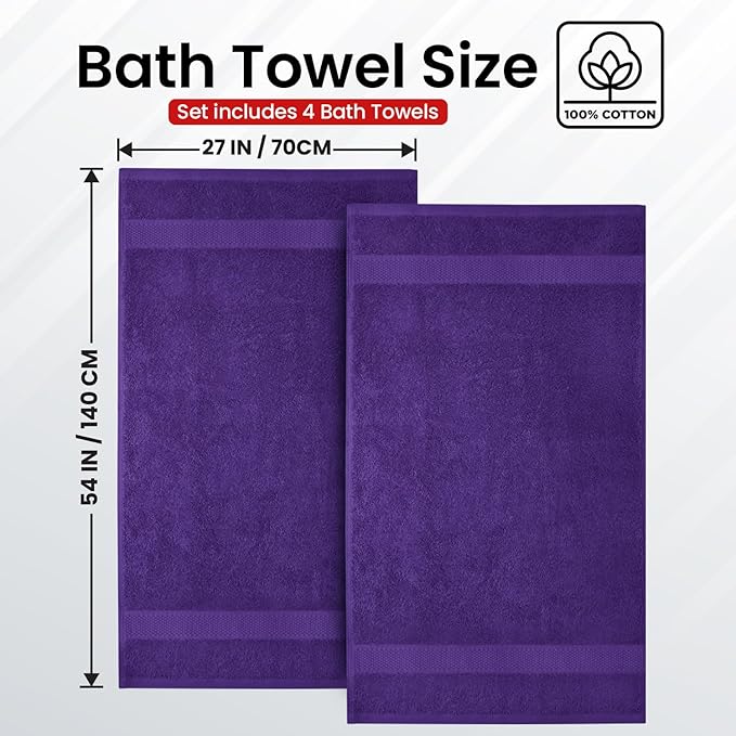 Infinitee Xclusives Luxury 100% Ring-Spun Cotton Bath Towels Set of 4 (27x54 inches) – Soft, Absorbent & Quick-Drying Towels for Bathroom, Gym, Spa & Hotel Use (Profound Purple, Bath Towels)