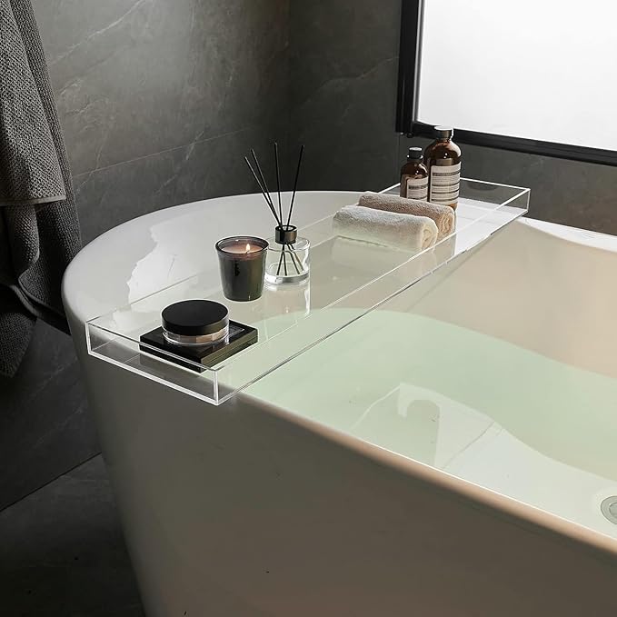 Clear Bathtub Tray AcrylicTub Rack - Bath Tub Shelf for Bathroom to Hold Book, Phone, Candle, Wine & Tablet - Waterproof Caddy Bathroom Accessories, Beelee BA0033