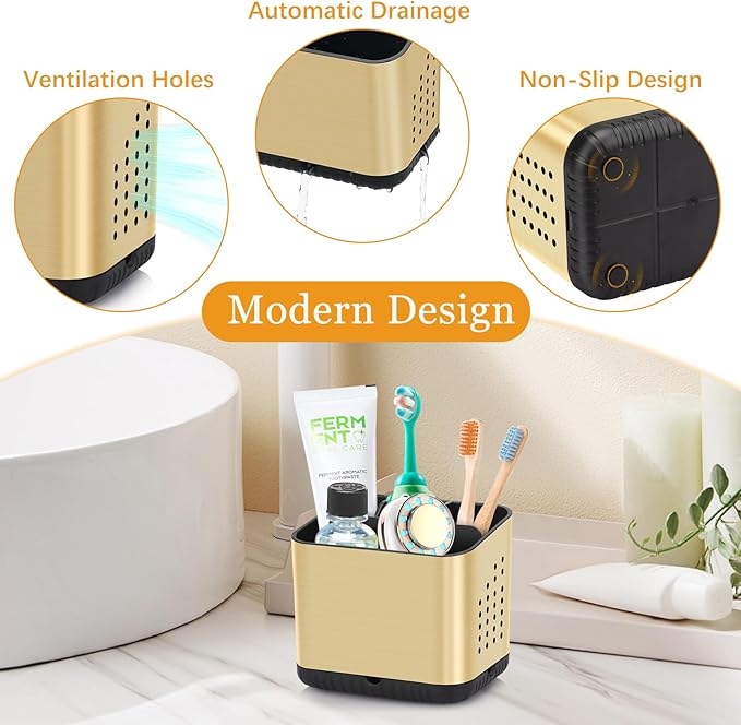 Toothbrush Holders for Bathrooms, Tooth Brush Holder for Bathroom Countertop Organizer, Kids Electric Toothbrush and Toothpaste Holder (Brushed Gold)