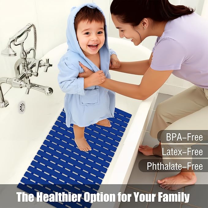 MBOSS Bath Tub Shower Mat Non Slip Bathtub Mats for Bathroom Shower Floor Mat Bath Mats for Shower Tub Anti Slip Shower Mat with Drain Hole and Large Suction Cups(Deep Blue, 27.5 X 15.7 Inch)