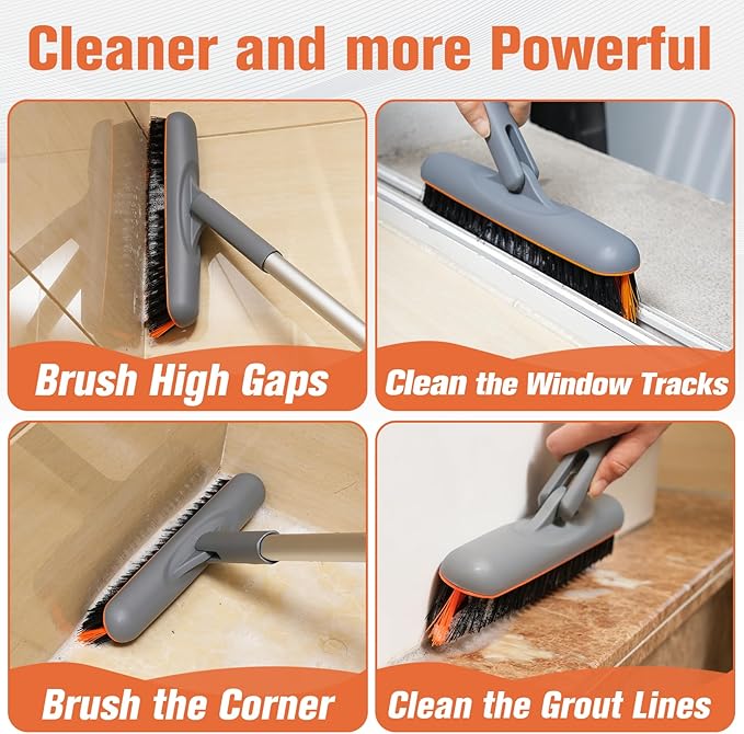 Eazer 53‘’ Grout Brush with Long Handle, 180°Rotation Tile Grout Cleaning Tool, V-Shape Shower Scrubber Cleaner, Stiff Bristle for Cleaning Bathroom Wall, Baseboards, Tile Floors - 2 Head