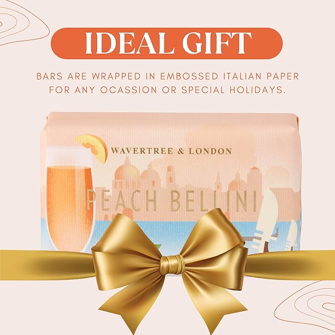 Wavertree & London Peach Bellini Scented Natural Soap (2 Bars), 7oz Moisturizing French Triple Milled Soap Bars enriched with shea butter - Pure Plant Based Bath & Body Bars for All Skin Types