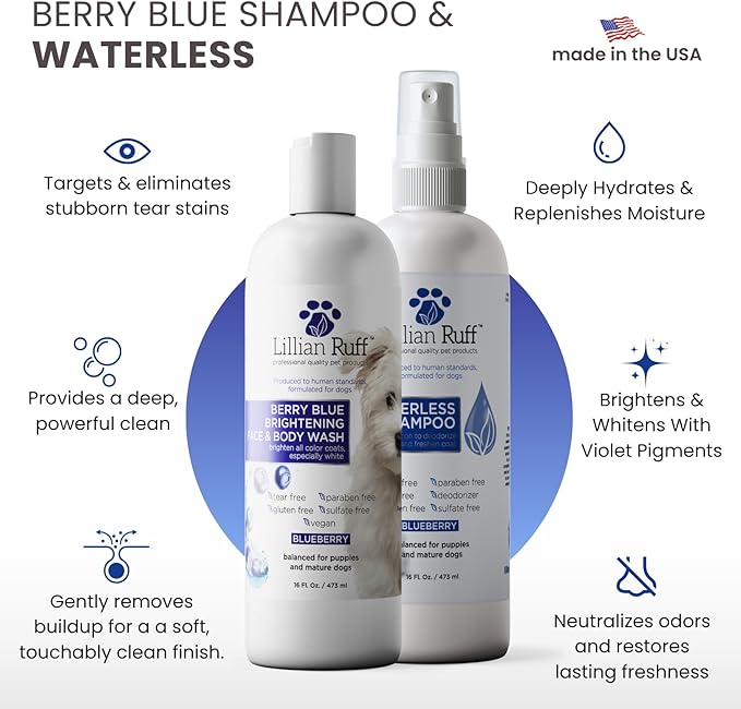Lillian Ruff PRO Formula Berry Blue Brightening Dog Shampoo + Blueberry Waterless Dog Shampoo - Professional Whitening, Tear Stain Remover & No-Rinse Hydrating Odor Control, Aloe+Coconut Oil, USA Made