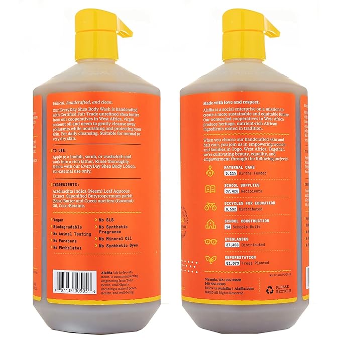Alaffia Everyday Shea Body Wash, Naturally Helps Moisturize and Cleanse Without Stripping Natural Oils with Fair Trade Shea Butter, Neem, and Coconut Oil, Unscented, 2 Pack - 32 Fl Oz Ea