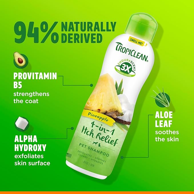 TropiClean Itch Relief Dog Shampoo, Powerful Odor Control, Long-Lasting Pineapple Scent, Puppy Safe, Made in The USA, Cat Friendly, 20oz.