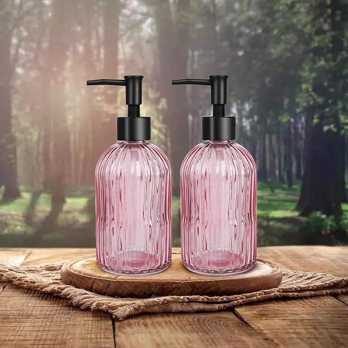 Glass Soap Dispenser with Plastic Pump, Hand Soap Dispenser for Hand Wash, Lotion Dispenser for Dishwashing Liquid, Lotion Shower Gel (Striped Pink)