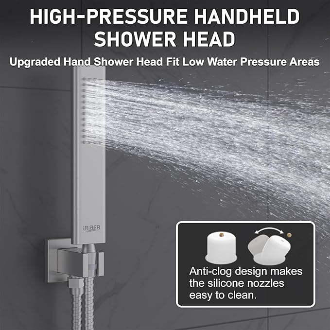 Iriber 12-Inch Rainfall Shower System with Handheld Combo, Brushed Nickel Finish, High Pressure Brass Shower Set