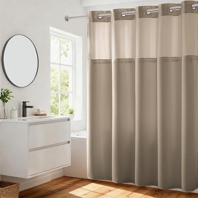 River Dream Heavyweight No Hooks Required Dotted Waffle Weave Shower Curtain with Snap in Liner - 71W x 74H,Hotel Grade,Spa Like Bath Curtain,Linen