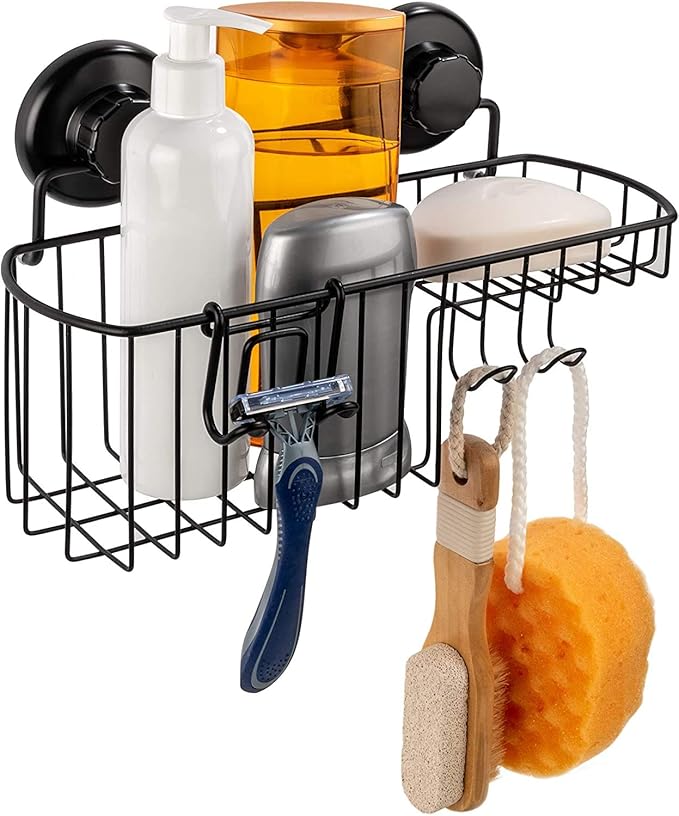 HASKO Shower Caddy Suction Cup, Shower Shelf with Soap Dish and Hooks Organizer, Suction Bathroom Shelf for Storage, Wall Mounted Basket, Black