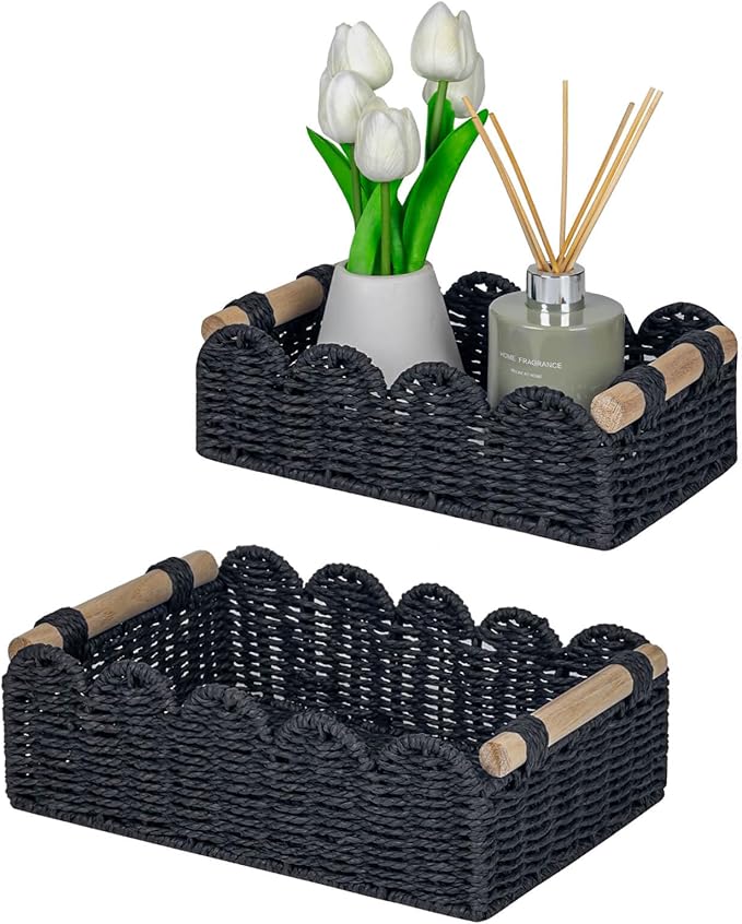CubesLand Scalloped Edge Decor Baskets for Home, Living Room, Toilet Paper Storage Basket for Over Toilet Shelf, End Table,Shelves and More, Small Paper Rope Baskets Both Storage&Decor, Set 2 Black