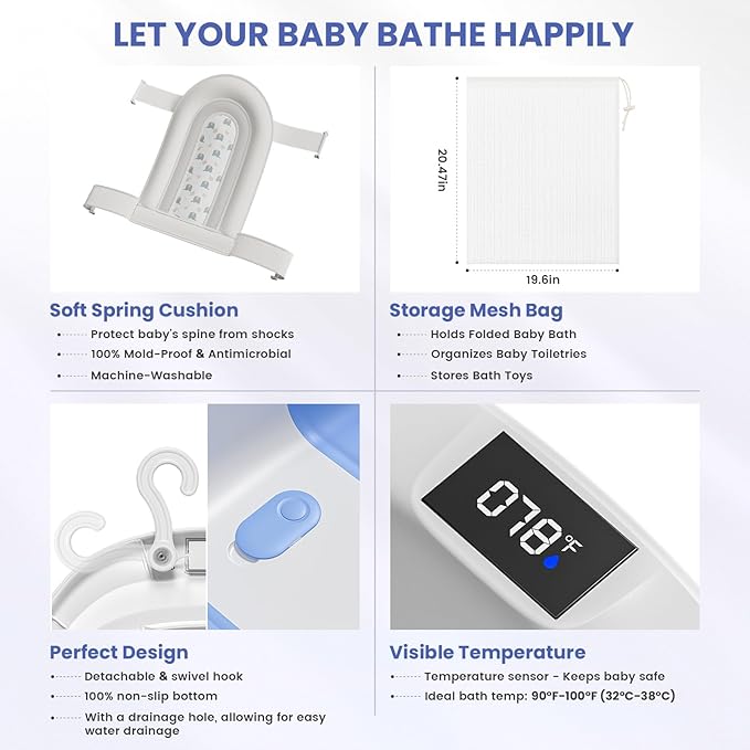 Collapsible Baby Bathtub, Baby Tubs for Newborns with Soft Cushion & Thermometer & Toy Organizer Mesh Bag, Infant Bathtub to Toddler 0-36 Months, Portable Travel Newborn Baby Bathtubs (Blue)