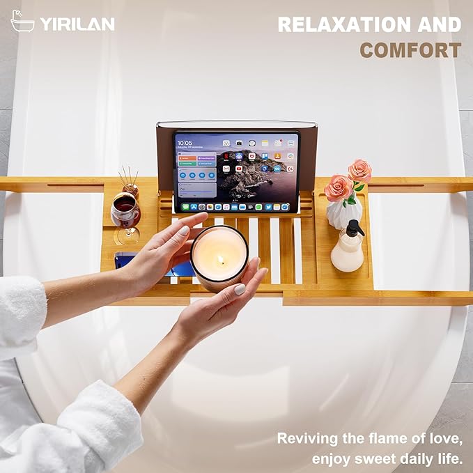 Yirilan Bathtub Trays for Tub,Bath Tray, Foldable Bathtub Caddy,Bamboo