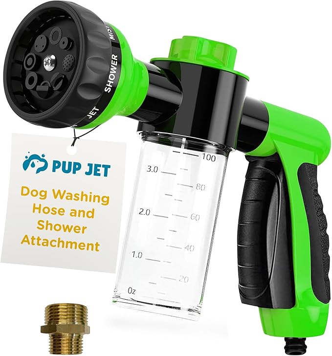 The Original Pup Jet Dog Washing Hose Attachment with Soap Dispenser – 8-in-1 Fur Sweep Shower Attachment & Shampoo Sprayer for Dog Wash, Bath, and Grooming Perfect Pet Care