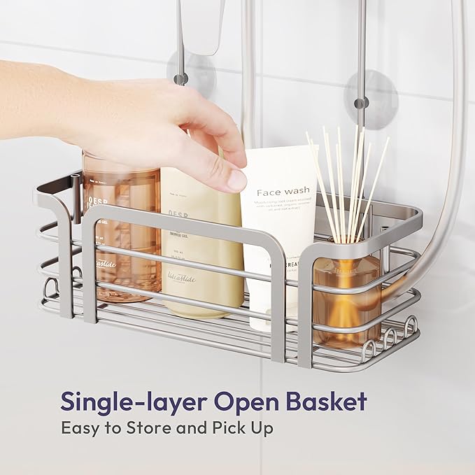SWTYMIKI Shower Caddy Hanging Organizer - Over the Door Shower Caddy with 6 Hooks, 2 Installation Ways, Stainless Steel Rustproof Bathroom Organizer, Sand Nickel