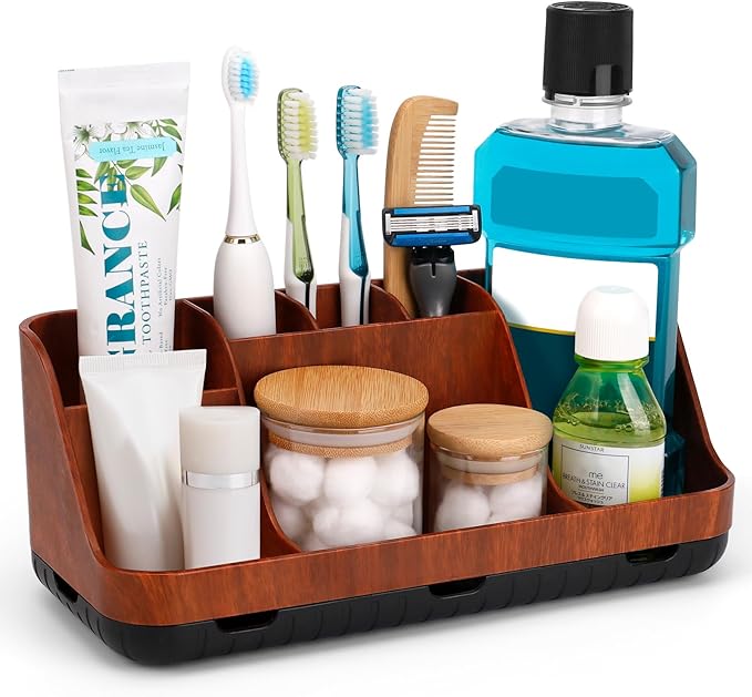 Bathroom Decor and Accessories - Detachable 7 Slots Kids Electric Toothbrush and Toothpaste Holde for Bathroom Tray Countertop Vanity Storage, Bathroom Sink Storage Organizer, Red Wood