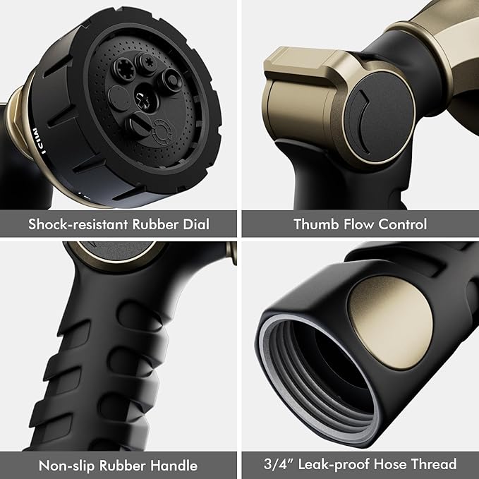 RESTMO Heavy Duty Hose Nozzle, Metal Garden Water Hose Sprayer with 7 Watering Patterns, Thumb Control, On Off Valve, High Pressure Nozzle Sprayer for Watering Plants, Car and Pet Washing, Bronze