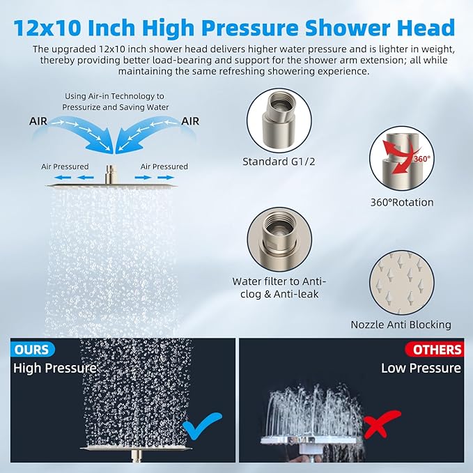 Hibbent All Metal 12'' Filtered Rainfall Shower Head Combo, High Pressure Handheld Shower Head with 16'' Adjustable Extension Arm, 20 Stage Shower Filter, 10-spray, 71'' Shower Hose, Brushed Nickel