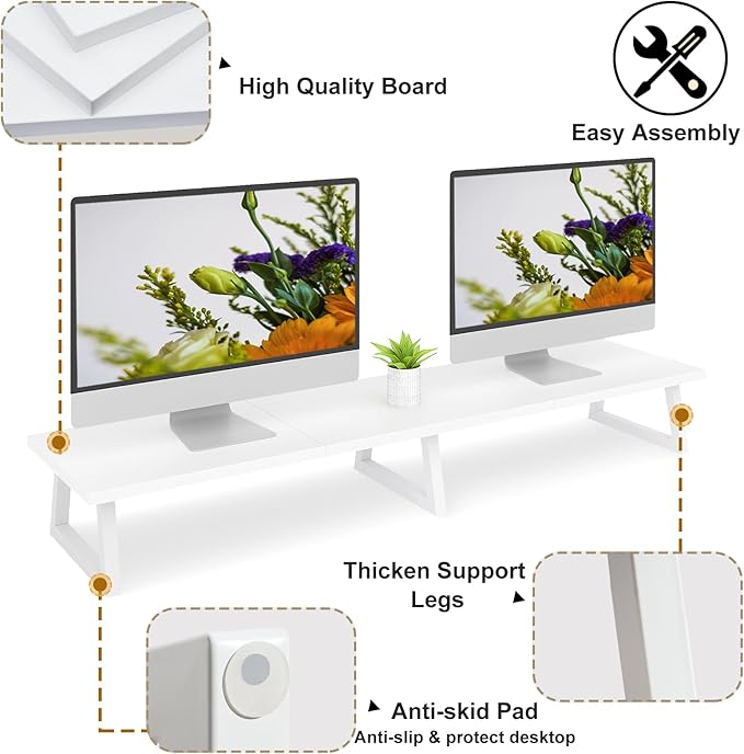 TEAMIX White Dual Monitor Riser for 2 Monitors-42inch, Wood Desktop Dual Stand with Metal Legs, Long Screen/PC/Laptop Storage,Computer Shelf TV Holder Home Office