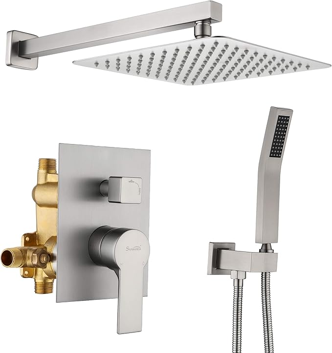 SHAMANDA Rainfall Shower System, Bathroom Luxury 10-Inch Rain Shower Head and Handheld Shower Faucet Combo Set Brushed Nickel(Including Rough-In Valve Body and Trim), Wall Mount, L701-2