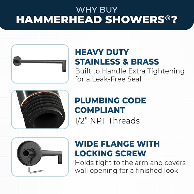 HammerHead Showers® Solid Metal 16 Inch Extended Shower Arm and Flange with Set Screw, Long Shower Arm, Extends Rain Shower Overhead, Wall-Mounted Rain Shower Arm, Oil Rubbed Bronze