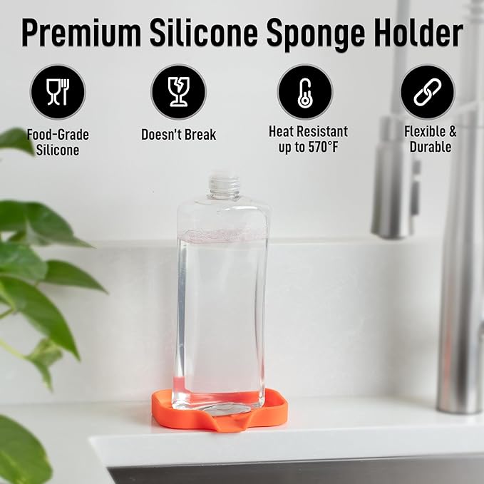 Zulay Kitchen Small Silicone Sponge Holder (4.9x3.3”) – Space-Saving Sink Organizer Tray for Sponge, Soap, Brush & More – Compact Non-Slip Dish for Kitchen & Bathroom (Orange)