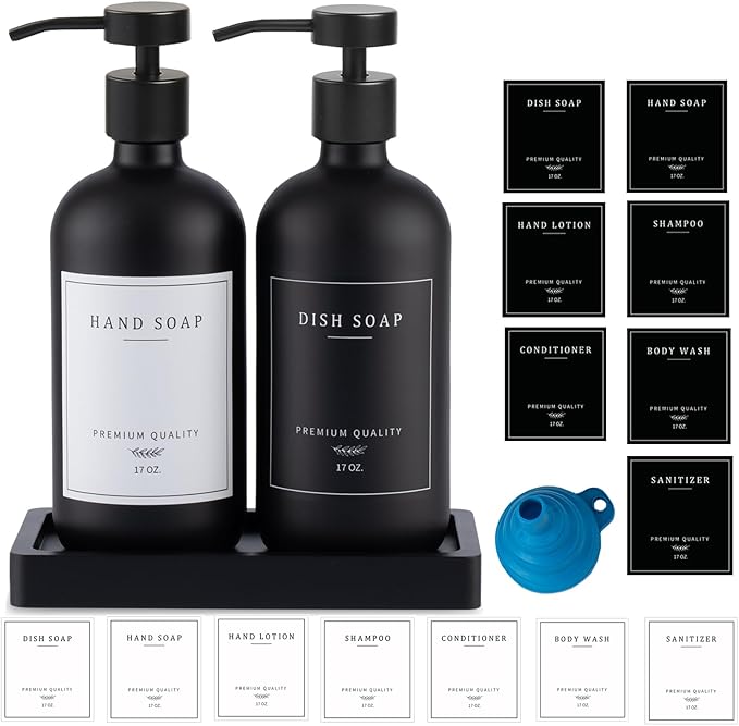 Black Soap Dispenser - Kitchen Hand Dish Soap Dispenser, Glass Bathroom Soap Lotion Dispenser with Tray, Dishwashing Liquid Dispenser, 14 Stickers, Black Bottle/Black Pump-pd