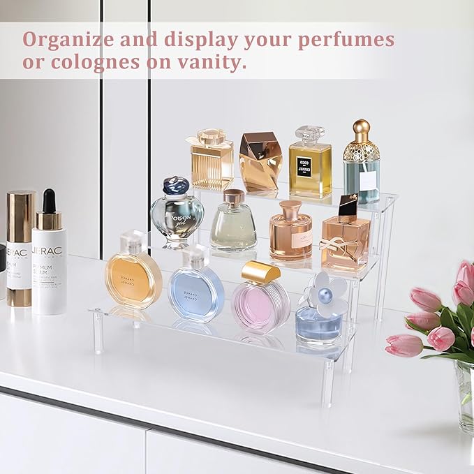 AZEAM Acrylic Riser,Clear Display Risers Stand Perfume Organizer Cologne Acrylic Shelves 3 Tiered Cupcake Shelf for Amiibo Funko POP Figures Food Desserts Holder Collection Cosmetic Vendor Product