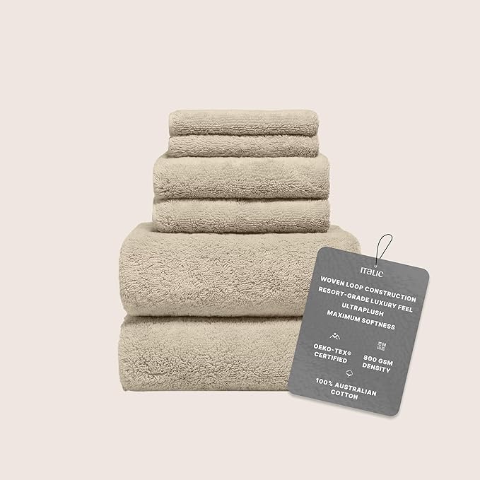 Italic Ultraplush 100% Australian Cotton Towels Standard 6 Piece Set, 2 Bath, 2 Hand, 2 Washcloths, 800GSM Lightweight, Highly Absorbent & Quick Drying Soft Resort Grade Towels (Sand)