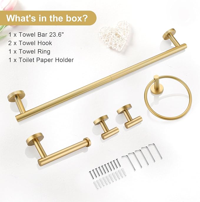 TQKAG 5 Piece Bathroom Accessories Set Brushed Gold Bathroom Hardware Set 23.6 Inch Bath Towel Bar Set SUS304 Stainless Steel Towel Rack Set