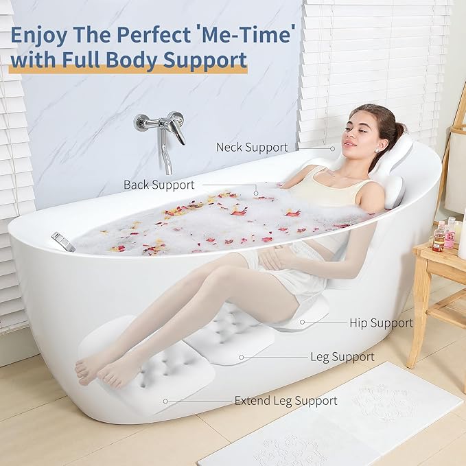 Luxury Bath Cushion, Full Body Bathtub Pillow with 160 Suction Cups, Bath Mat for Head and Neck Support, with Laundry Bag (White, 60.2" x 16.2")