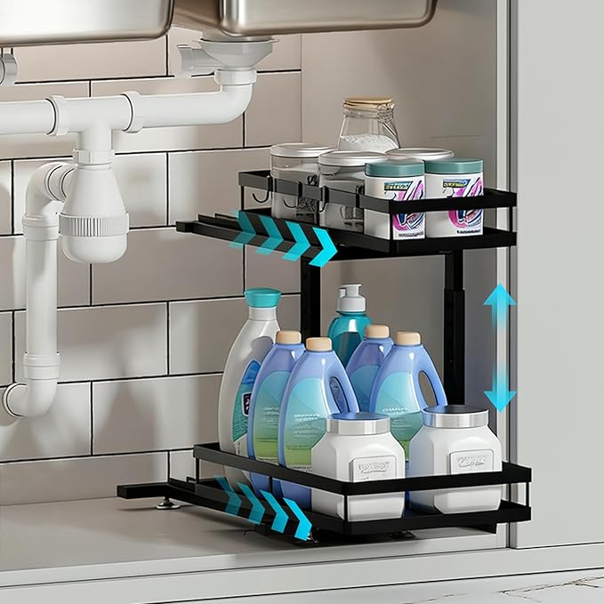 Under Sink Organizer, JCYLQ Dual-Rail Ball-Bearing, Under Kitchen Sink Organizer, 6-Level Adjustable, Under Cabinet Storage, No-Drill Adhesive/Suction, Under Sink Organizers and Storage (1-Pack)