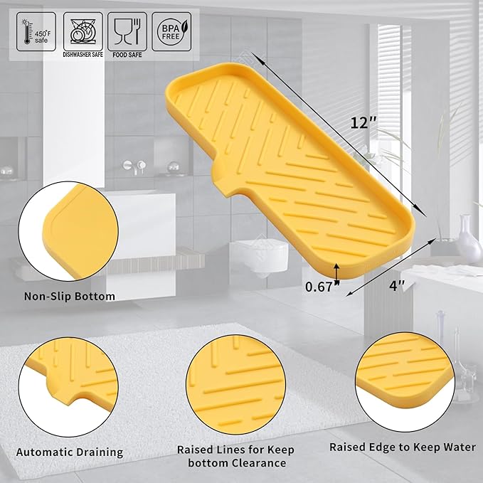Silicone Bathroom Soap Dishes with Drain Spout-Bathroom and Kitchen Sink Organizer,Sponge Holder,Dish Soap Tray,Perfect for Dispenser,Scrubber,Bottle,Cup on Sink or Counter-Yellow 12"×4"